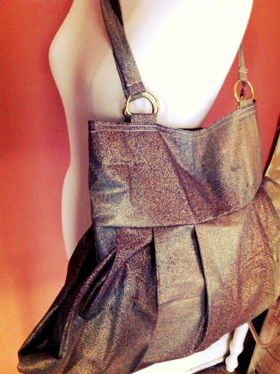 SALE The Pleated Tote Bag- Green and Gold Metallic