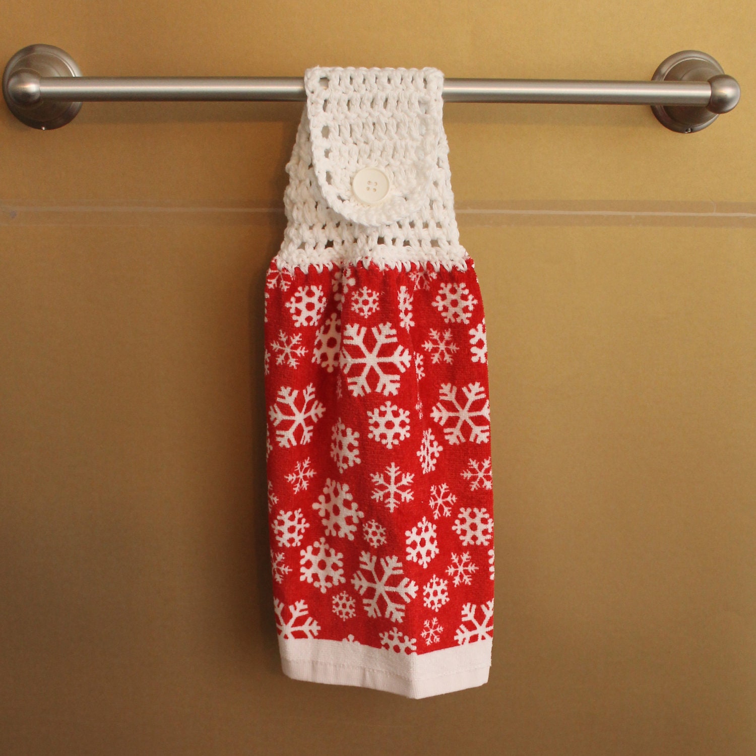 White Snowflakes on Red Towel Crocheted Top Towel-H037