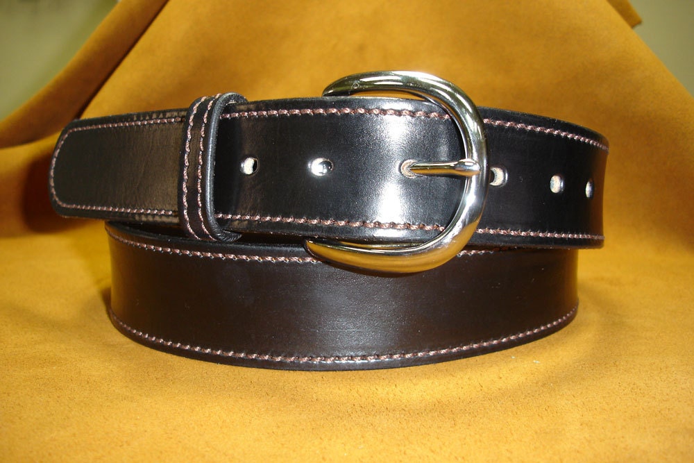 Black Harness Leather Belt with Brown Stitching.  Made to Order