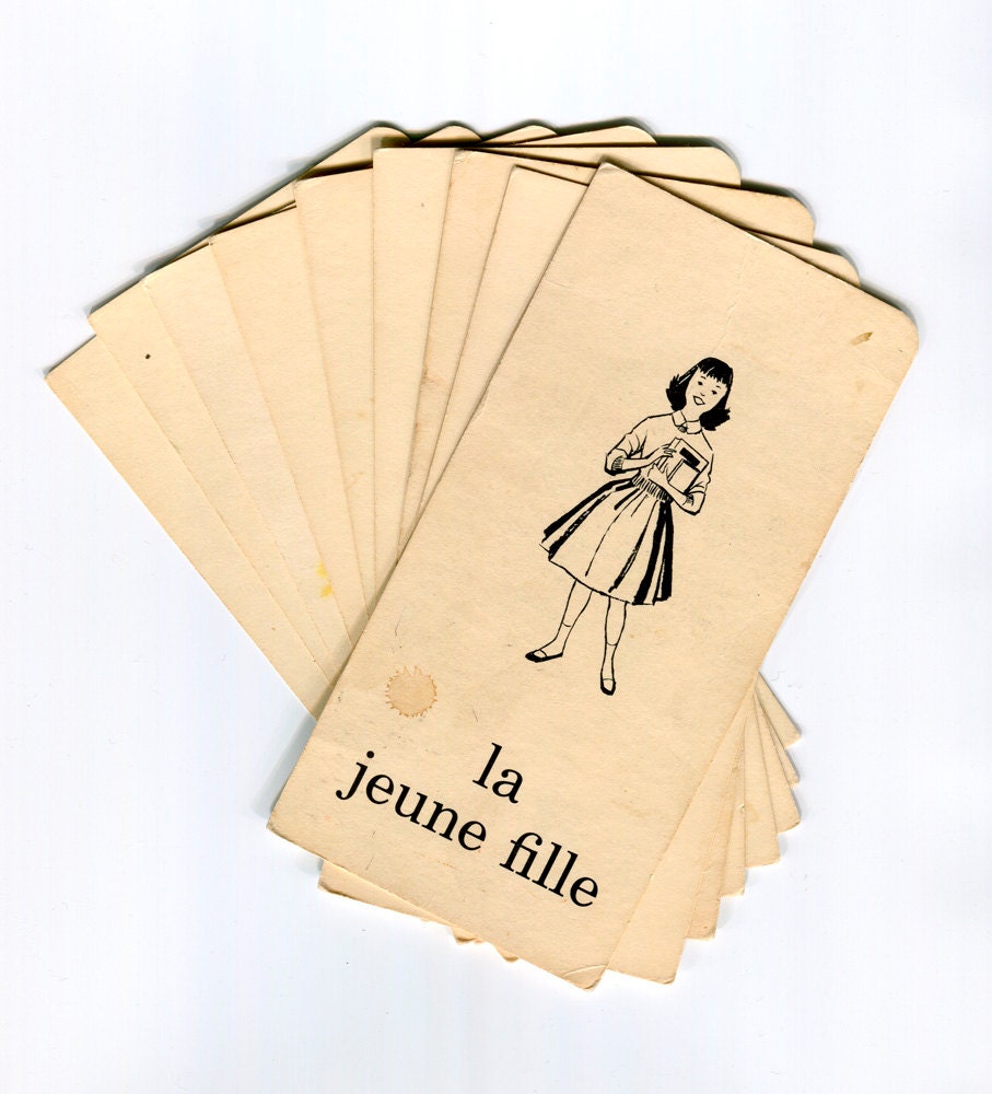 Set of 9 vintage French flash cards showing people, clothing and body parts
