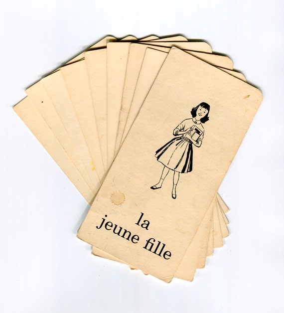 Set of 9 vintage French flash cards showing people, clothing and body parts