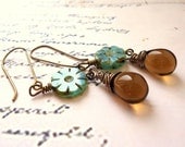 Long, Dangle Earrings, Beadwork, Flower, Aqua, Brown Briolettes, Wire Wrapped Earrings, Statement, Copper, chocolate, boho chic