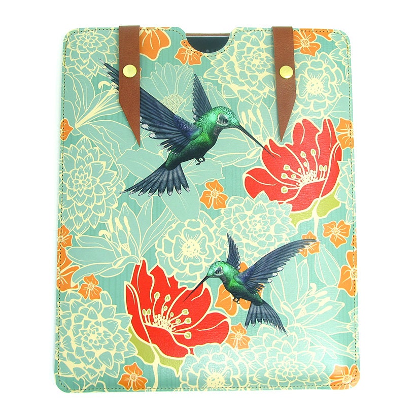 Leather iPad case - Hummingbirds in floral bliss