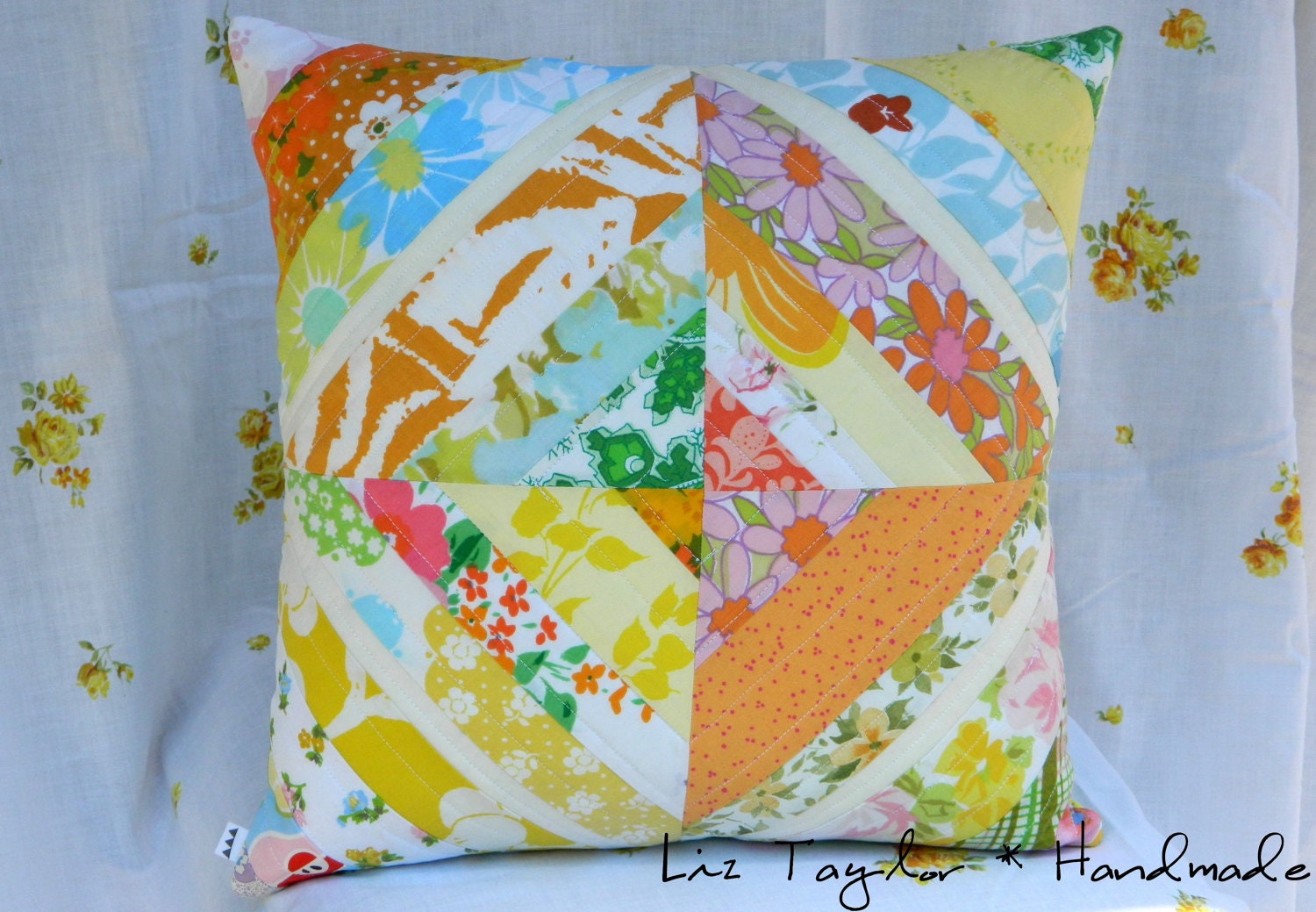 Handmade quilted pillow cover - vintage sheets