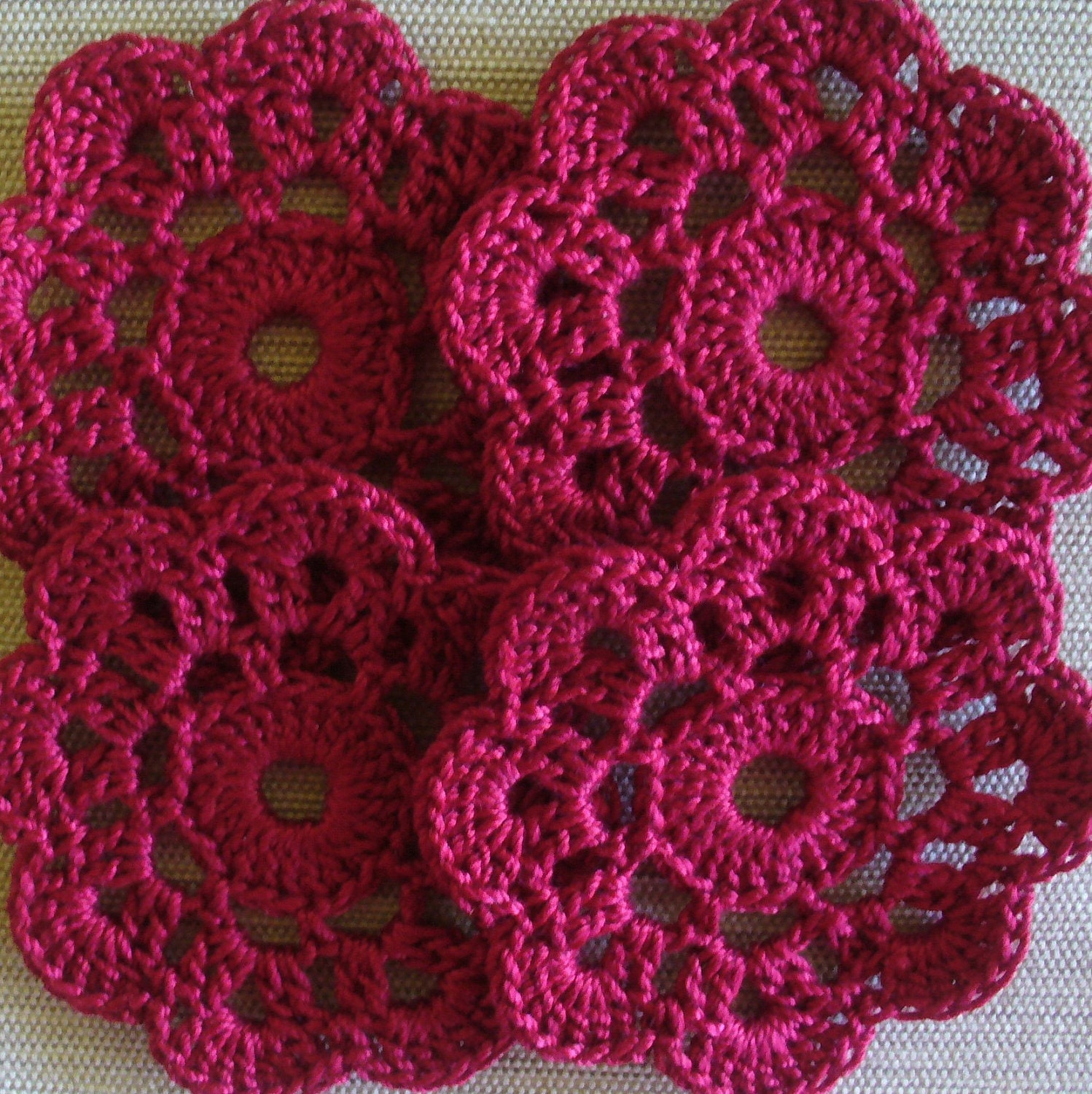 10 Christmas Red Flower Appliques, Handmade,  Mini Doilies