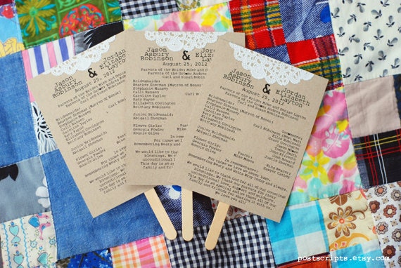 Custom Lace Doily Fan Wedding Programs - Rustic Vintage Menu - Save the Date - Baby or Bridal Shower  - Engagement Party