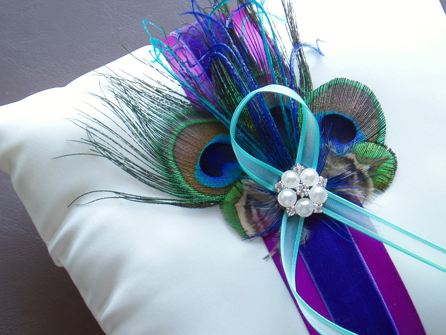 Wedding Ring Pillow with Peacock Feathers ringbearer PURPLE TURQUOISE IVORY custom feather modern pearl crystal bearer