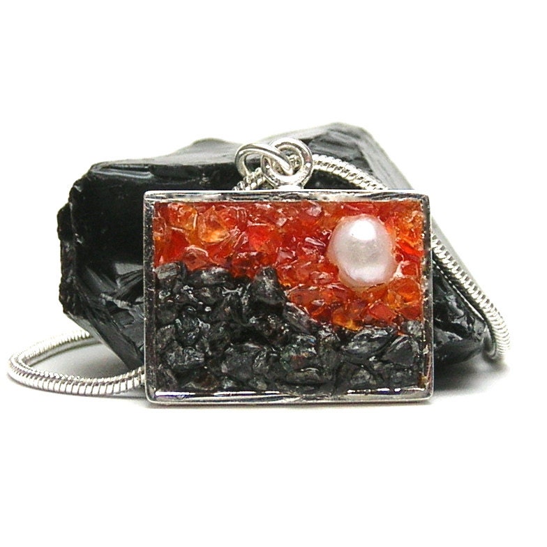 Gemstone and Pearl Pendant - Carnelian and Labradorite - Mosaic Jewelry