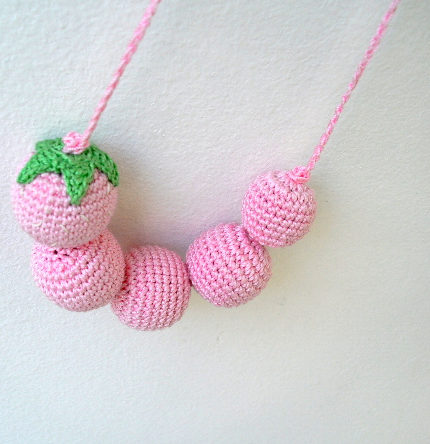Pink Crochet Necklace - Amigurumi Strawberry Baby or Childrens Necklace  - Cotton Crochet Jewelry - Eco Friendly