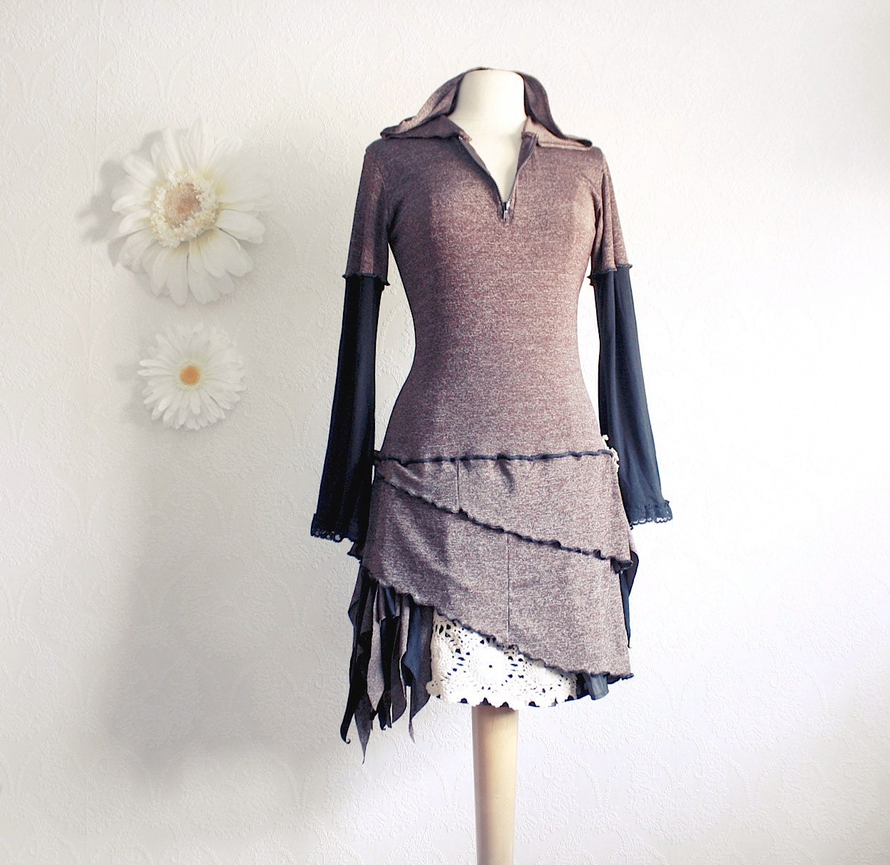 Brown Hooded Dress Upcycled Clothing Black Bell Sleeves Bohemian Style Fall Fashion Ladies Clothes Boho Chic Medium Large 'JUNO'