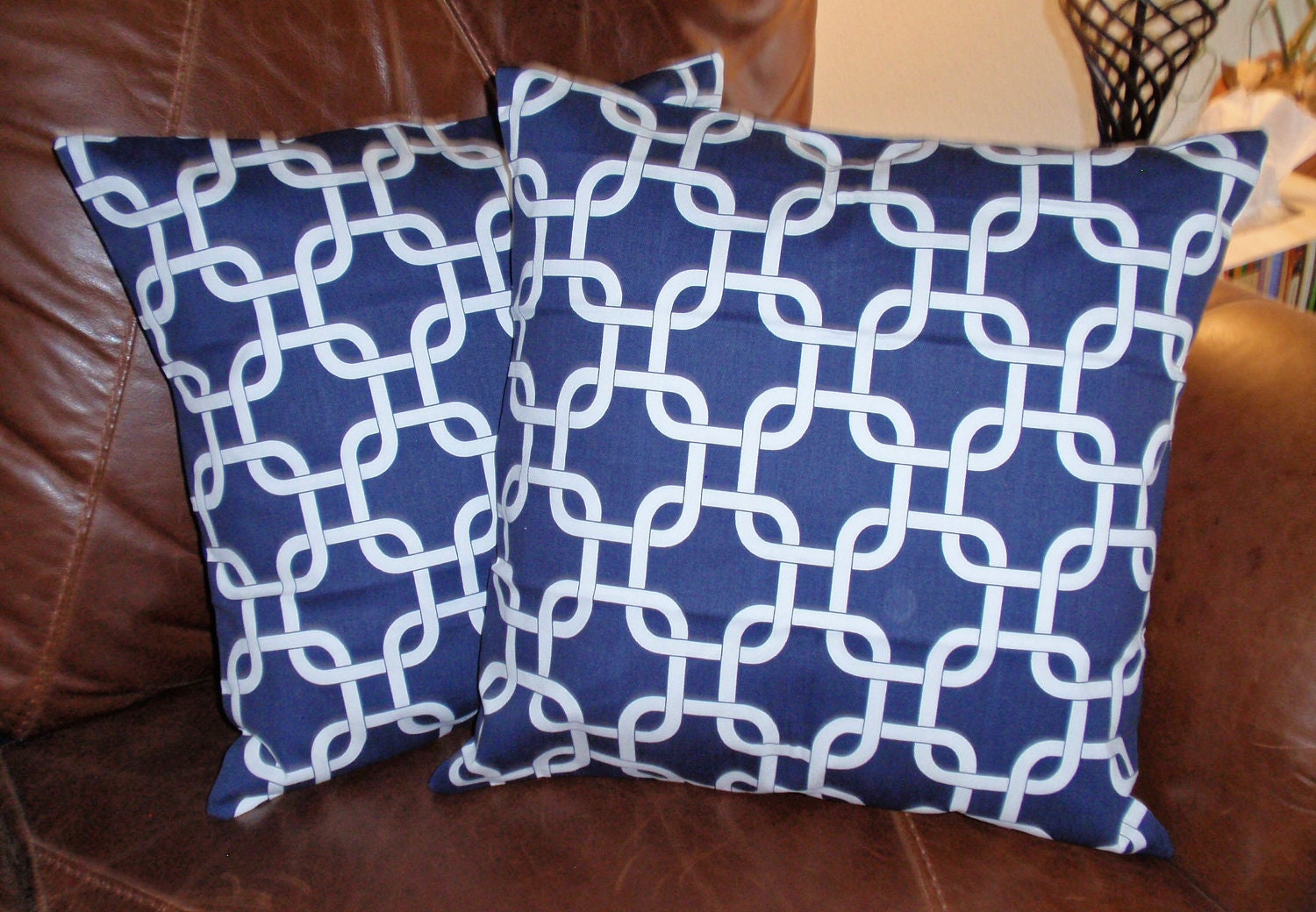 Throw Pillow Covers - 16x16" Set of 2 sewn with Premier Prints Gotcha Twill in Navy - Geometric Squares in White on Navy Blue Pillow Covers