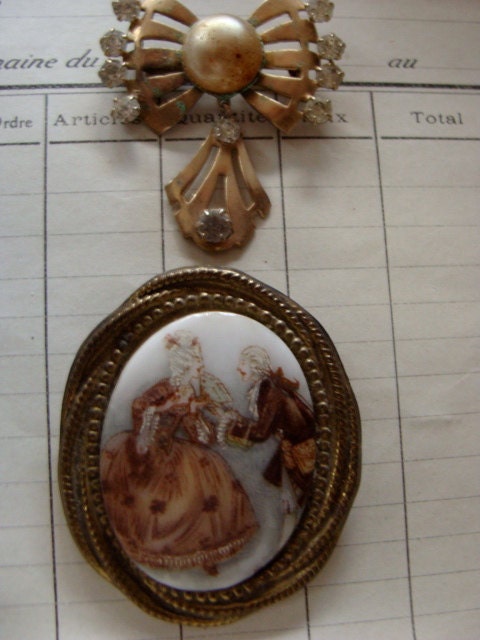 2 Beautiful Old German Edwardian Cameo and Rhinestone Bow Brooches