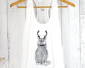 The Original Wild Cat-a-lope - funny cat antlers white jersey racer back tank top- by Bark Decor as seen on Animal Planet