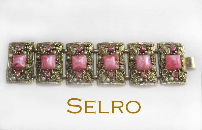 Selro Bracelet - Pink Marbled Cabs, Rhinestones and Faux Pearls