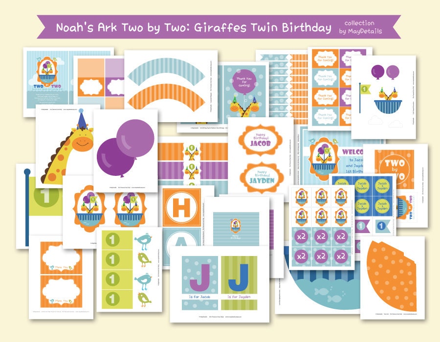 Custom Noah's Ark, Two by Two, Giraffe Twin Birthday DIY Party Package by MayDetails: Full Collection