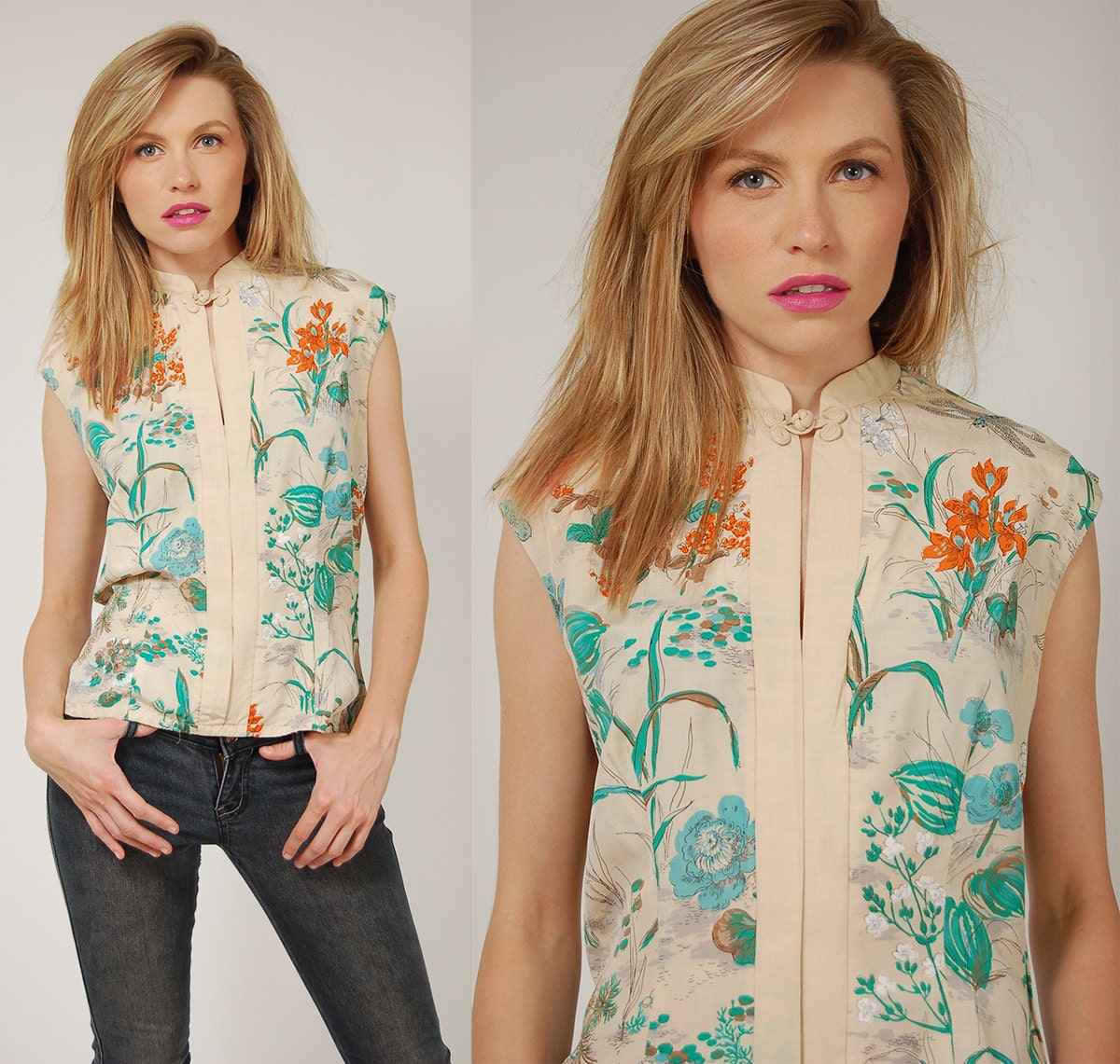 RESERVED for ewermine2 Vintage 60s Blouse ASIAN Inspired SILK Floral Top