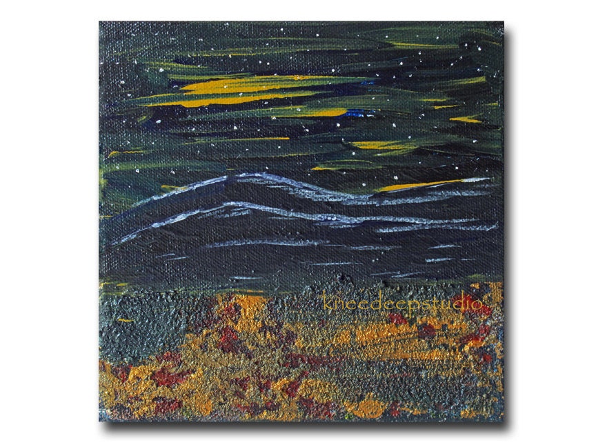 Midnight Sky painting acrylic on canvas 6x6 abstract landscape indigo blue gold modern home decor