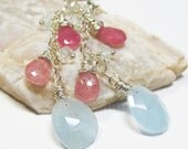 Sterling Silver Gemstone Dangle Earrings with Aquamarine and Pink Sapphire