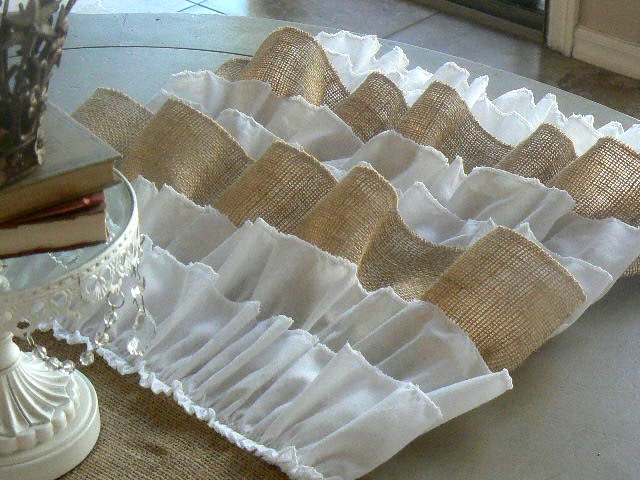 Burlap Ruffled Table Runner   Shabby Chic Rustic   with burlap and white cotton ruffles