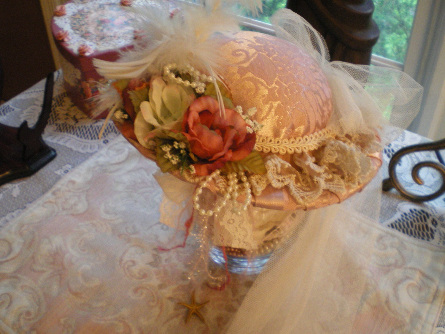 Victorian Shabby Chic Hat Flower Tulle Home Decor Wall Hanging