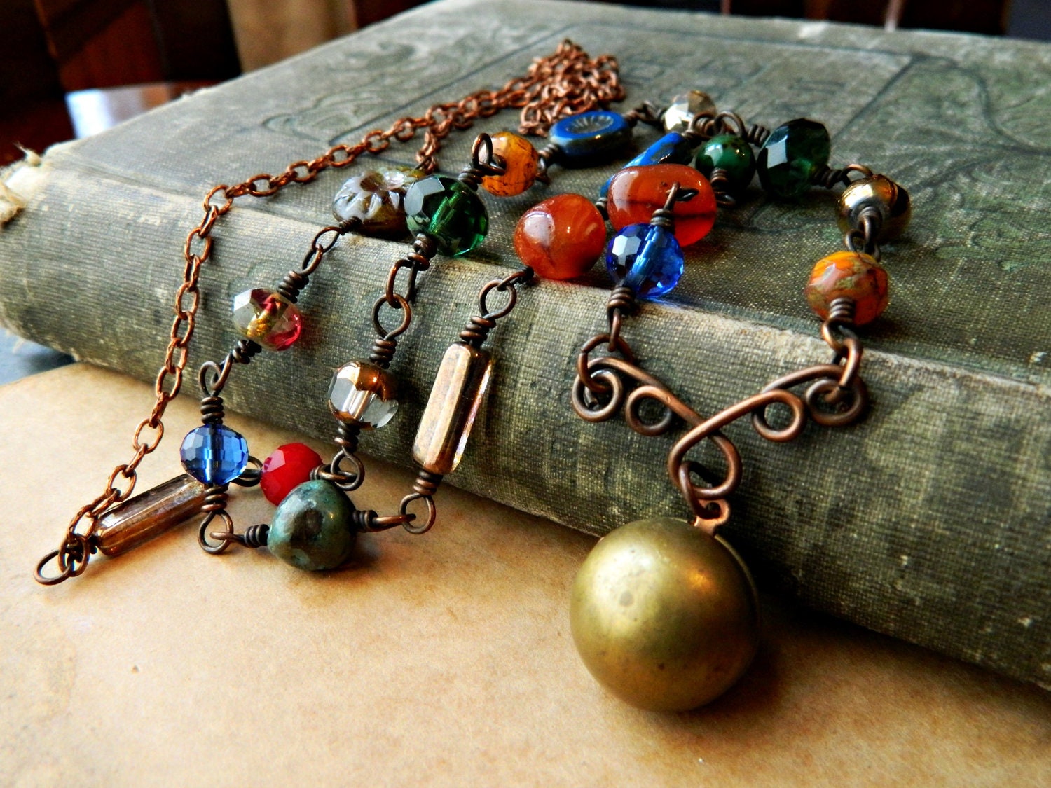 Colorful Locket Necklace.  Multicolor Glass Bead Vintage Locket Wire Wrapped Necklace with Free Shipping