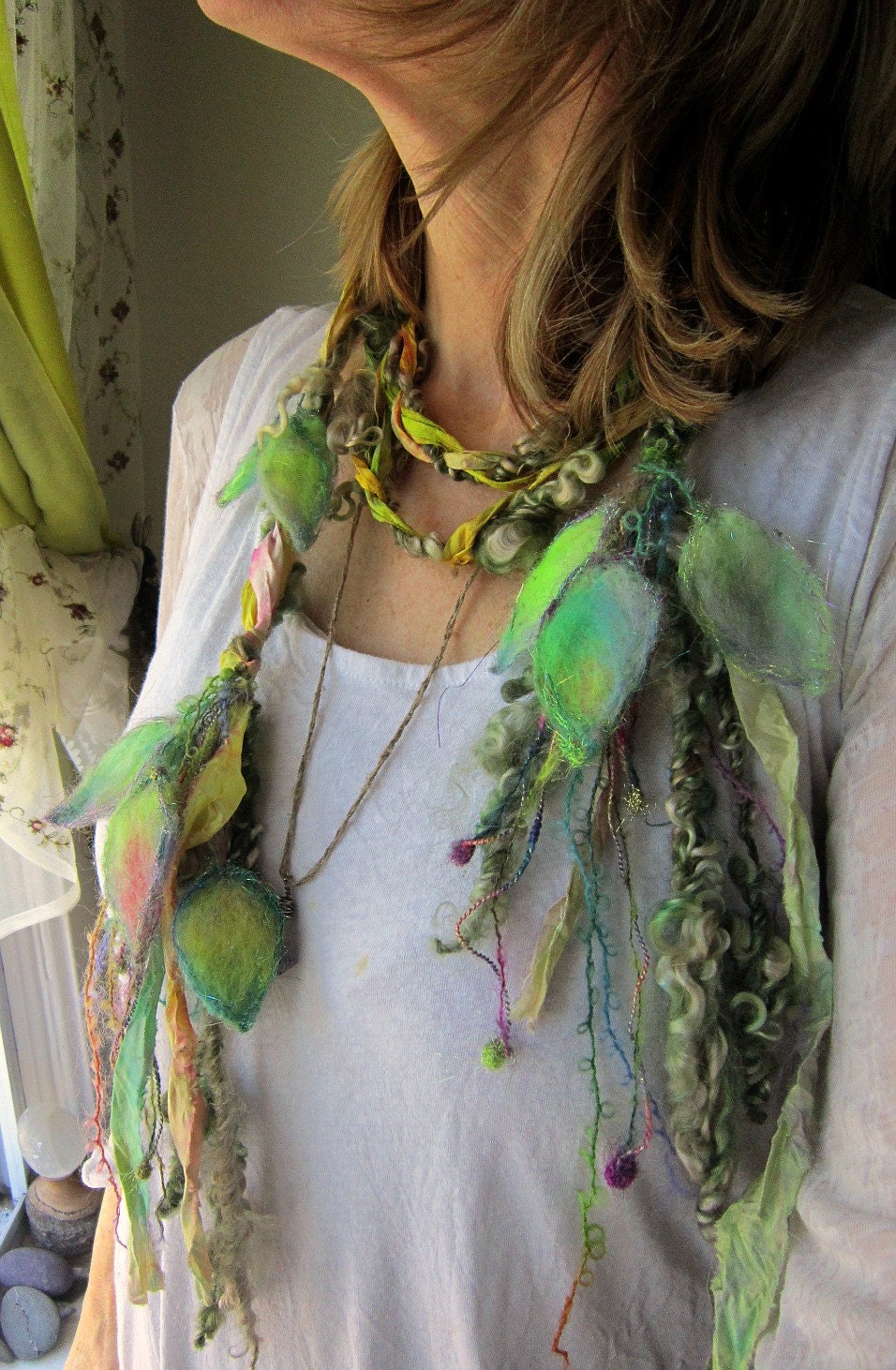 rustic enchanted forest fiber braid lariat scarf - rainbow in the leaves