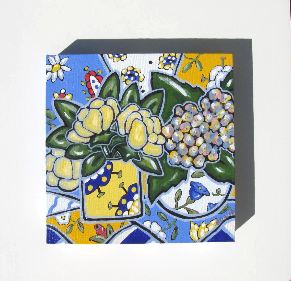 Acrylic Still Life Painting  Original on Canvas, Yellow Tulips
