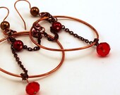 Sculpted Copper Hoops, Beaded Copper, Glass Pearls, Celtic Earrings