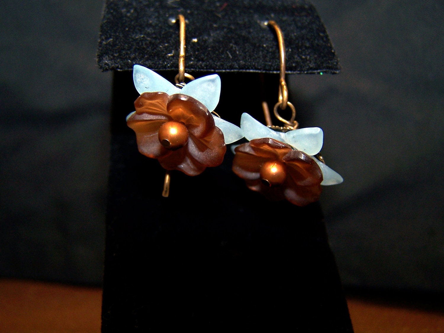 SALE - Blue and Brown Lucite Flower Earrings