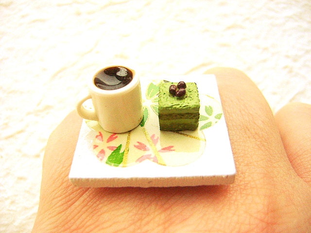 Coffee Ring Miniature Food Jewelry Coffee And Matcha Cake Chiyogami Plum Blossom