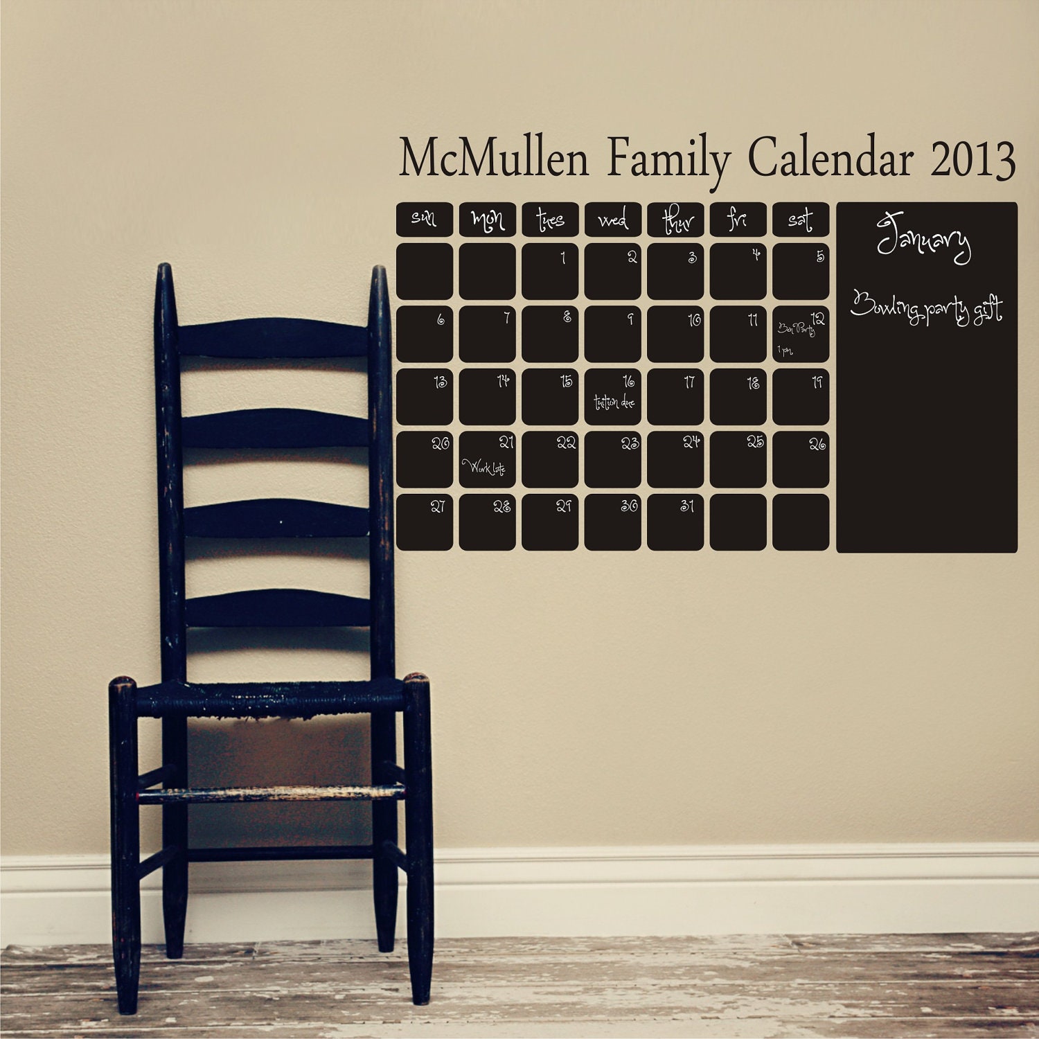 CHALKBOARD FAMILY CALENDAR- Vinyl Family name - title line - Chalkboard squares Calendar
