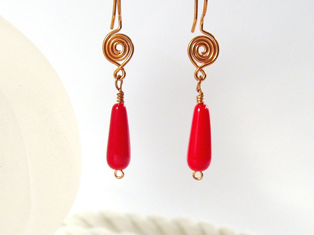 Red Drop Earrings, Copper Spiral, Artisan Jewellery