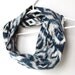 Tribal Ikat Infinity Scarf.  Circle Cowl Scarf. Navy Blue and White Scarf.  Batik Print. Lightweight Cotton. Autumn Fashion.