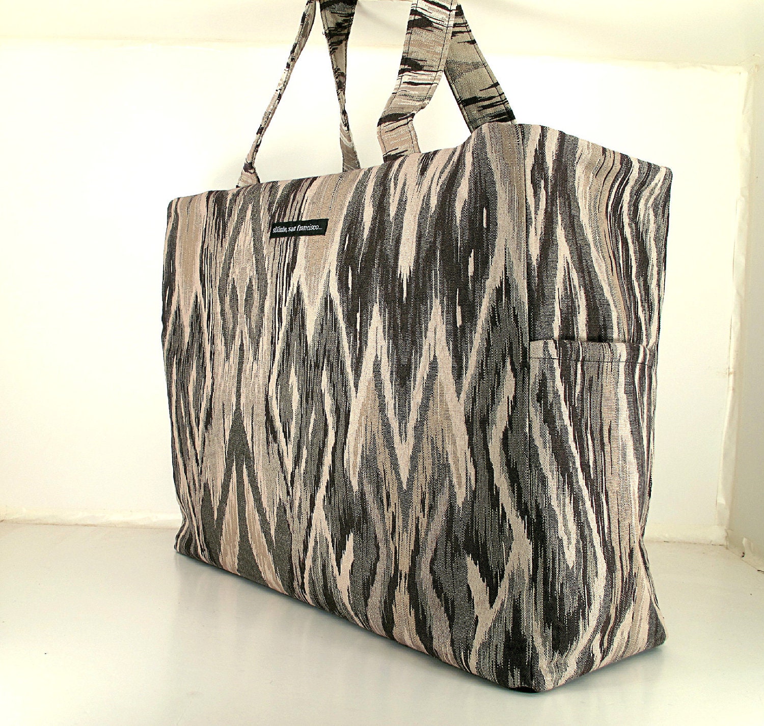 SALE. Market Tote in grey, black, white and a touch of brown "Grey Ikat" Fabric.
