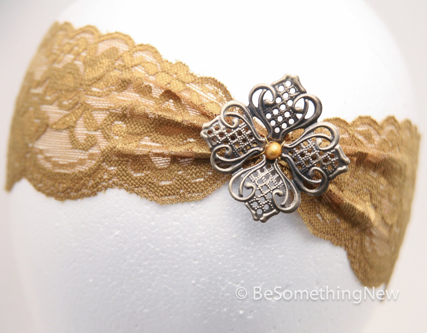 Holiday hair, gold elastic lace headband with metal flower, women hair accessories, gifts for her