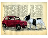 Puppy Bulldog car illustration Original Mixed Media Hand Painted on digital print painting on page of  vintage Italian dictionary