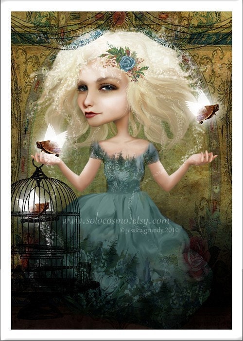 5x7 Fantasy Art Print Blonde Haired Girl with Flying Turtles "If You Love Them Set Them Free" Premium Giclee Fine Art Print Small Sized