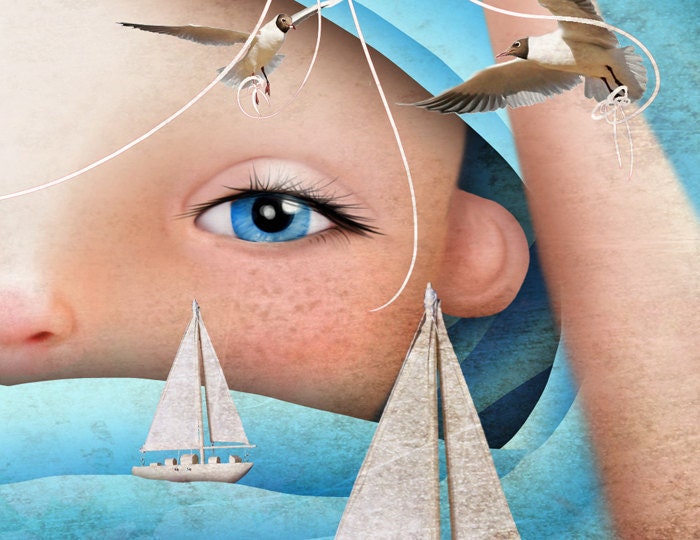 Ocean Waves Girl Art Print 5x7 "Swell" Small Premium Hahnemuhle Giclee Fine Art Print Blue and White Fantasy Artwork Birds and Boats