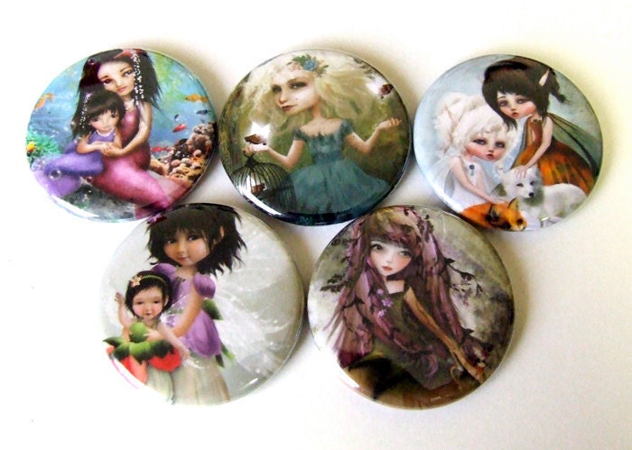 Magnet Set "Fantasy Tales" Set of Five (5) Solocosmo Fridge Magnets 1 1/4 inches Artwork by Jessica Grundy Smooth pin button front