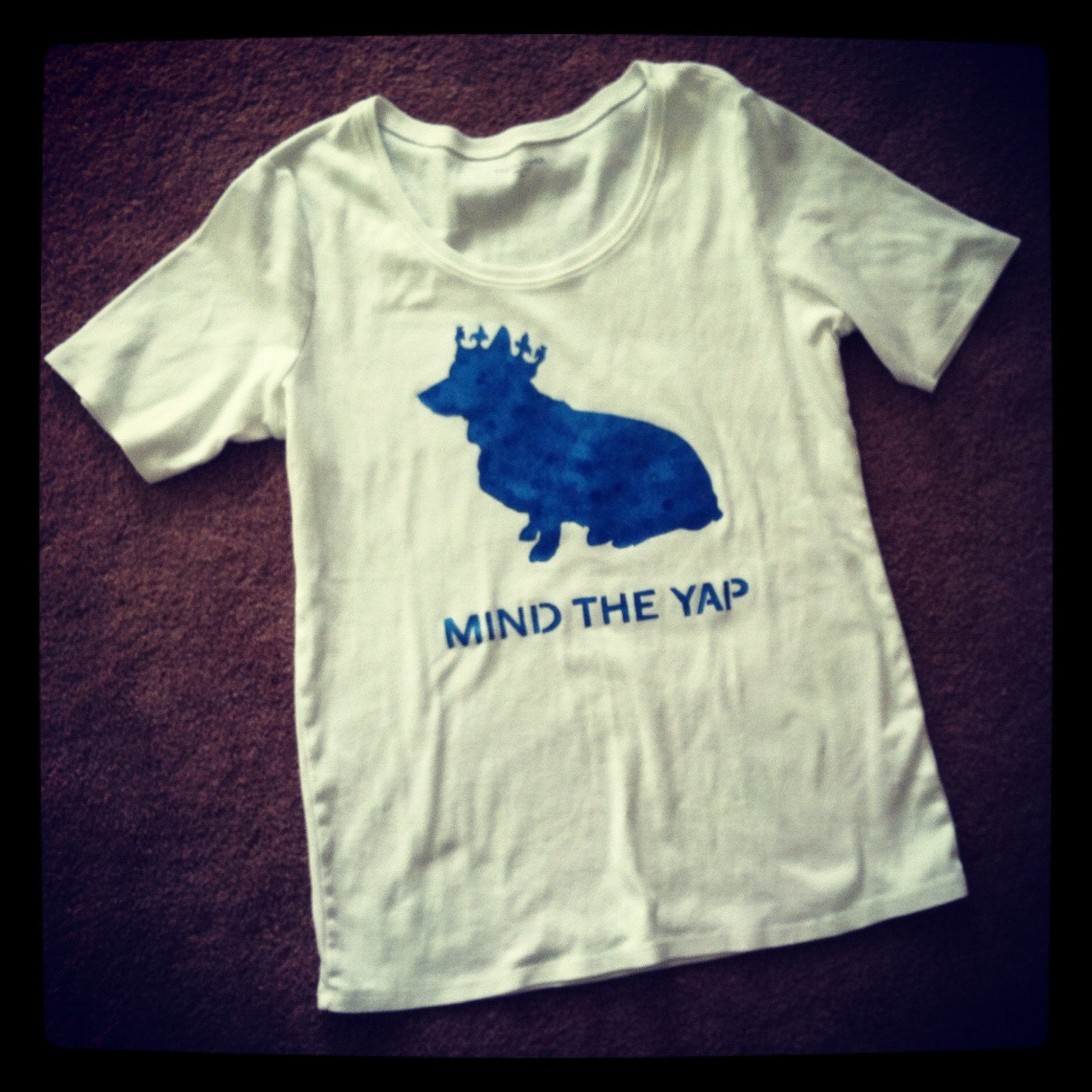 Mind the Yap Welsh Corgi British royalty hand stenciled blue white t shirt OOAK upcycled
