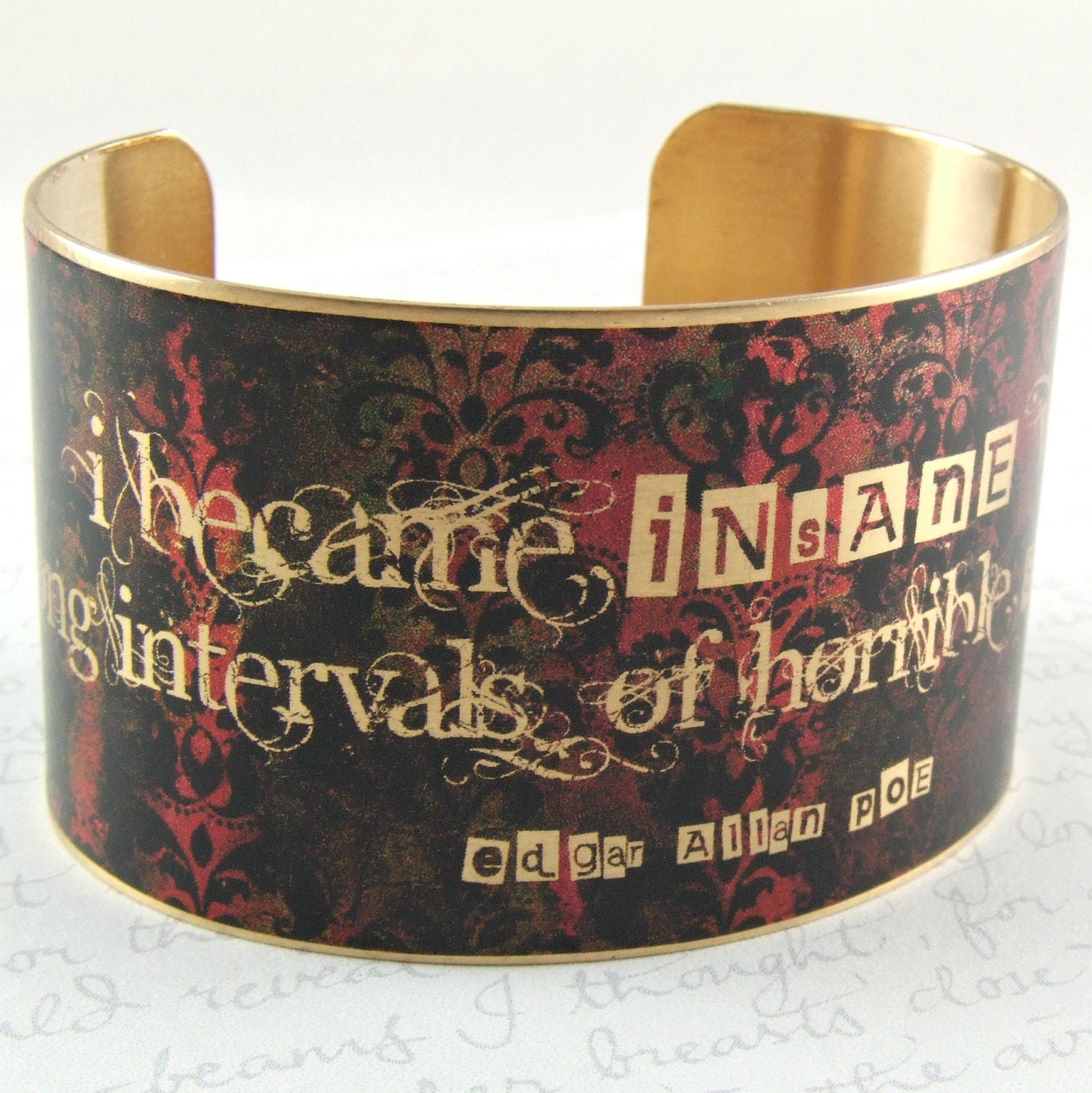Edgar Allan Poe Jewelry - Insane and Sanity Literary Quote Brass Cuff - Bookworm Gift