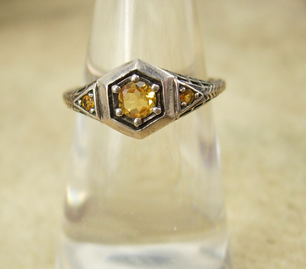 Vintage sterling DECO Ring  Genuine Citrine 3/4 ct pierced metal filigree size 7