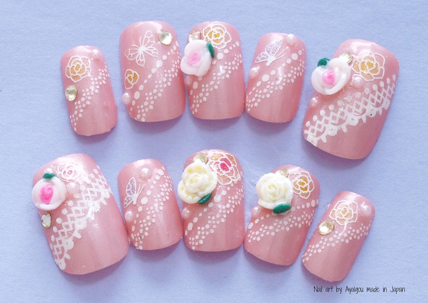 Bridal, wedding,  nail art,  OOAK dainty pink fake nails set