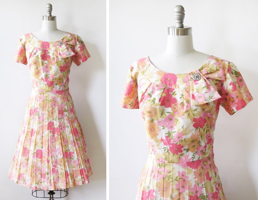 vintage 1950s dress / pink floral rhinestone 50s party dress