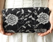 Black Clutch with Silver Floral Lace - Bridesmaid Clutch READY to SHIP