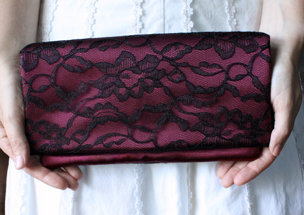 6 Wedding Clutches- Dark Red and Black Lace Clutch - Bridesmaid Gift Idea - Burgundy Clutch