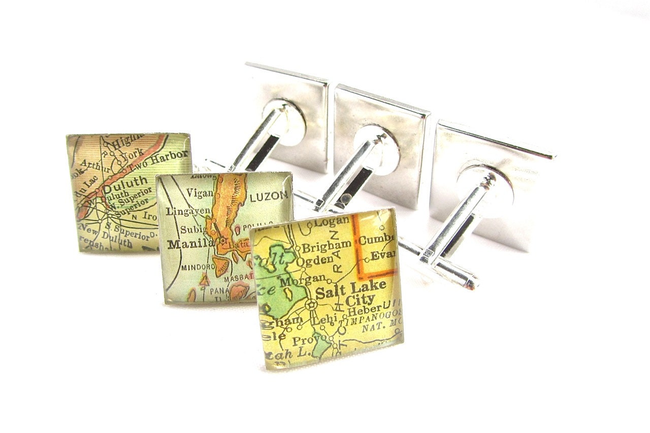 Custom Map Cufflinks. 3/4 Inch Square.  You Choose the Cities.