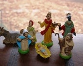 1950's/1960's Celluloid Nativity Scene, Three Kings, Donkey, Mary, Joseph, Baby Jesus