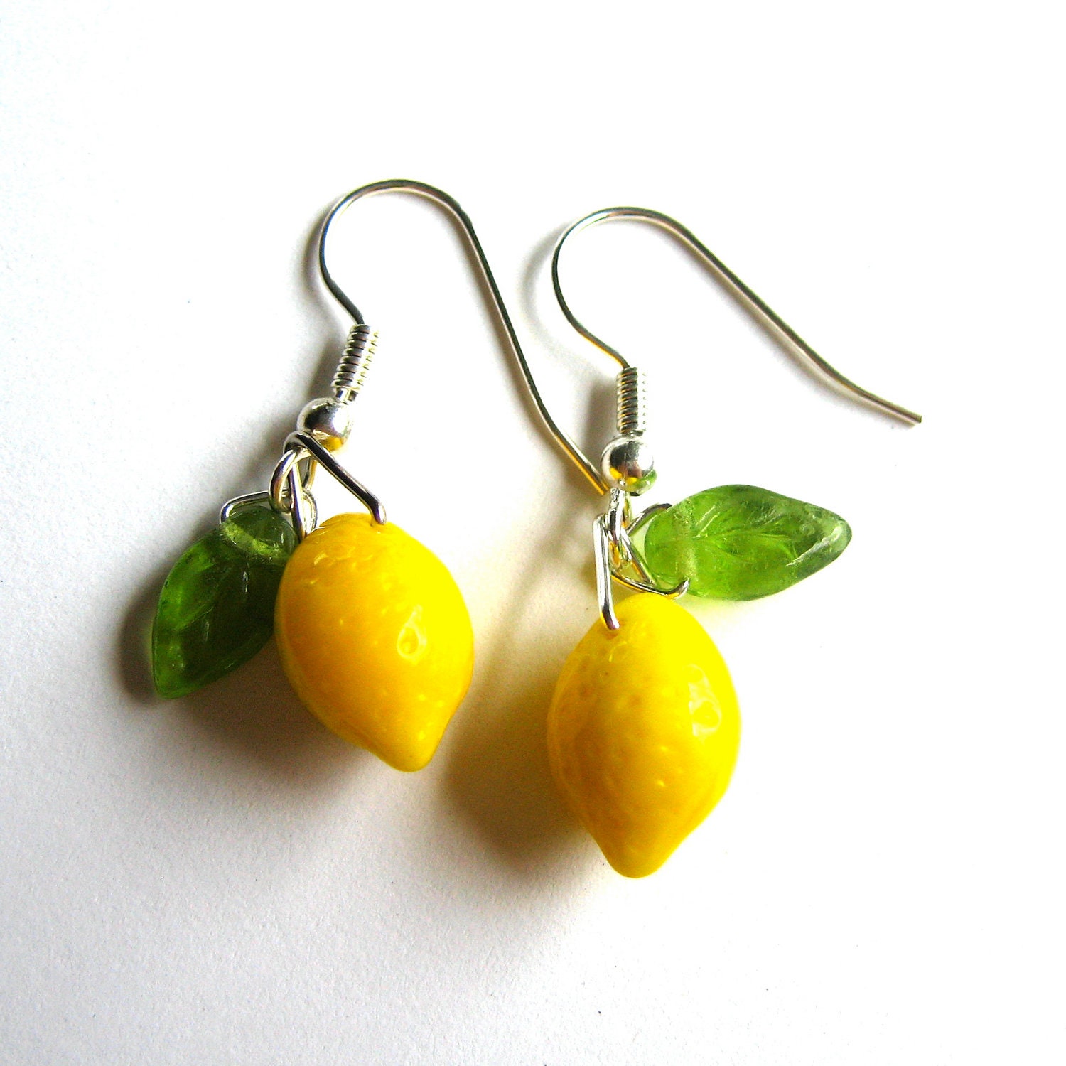 Lemon drop earrings - yellow fruit glass beads and green leaves, hypoallergenic - Free Shipping USA
