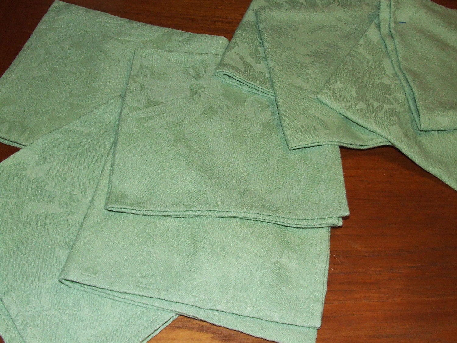 8- Light Green Cotton Blend Floral Damask Napkins